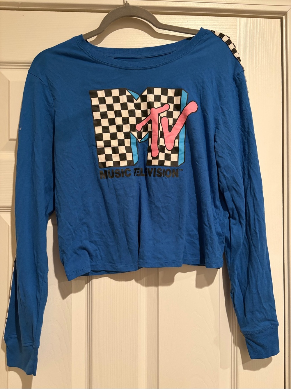 MTV Blue Crop Tee with Pink MTV and Black-and-White Checker Logo